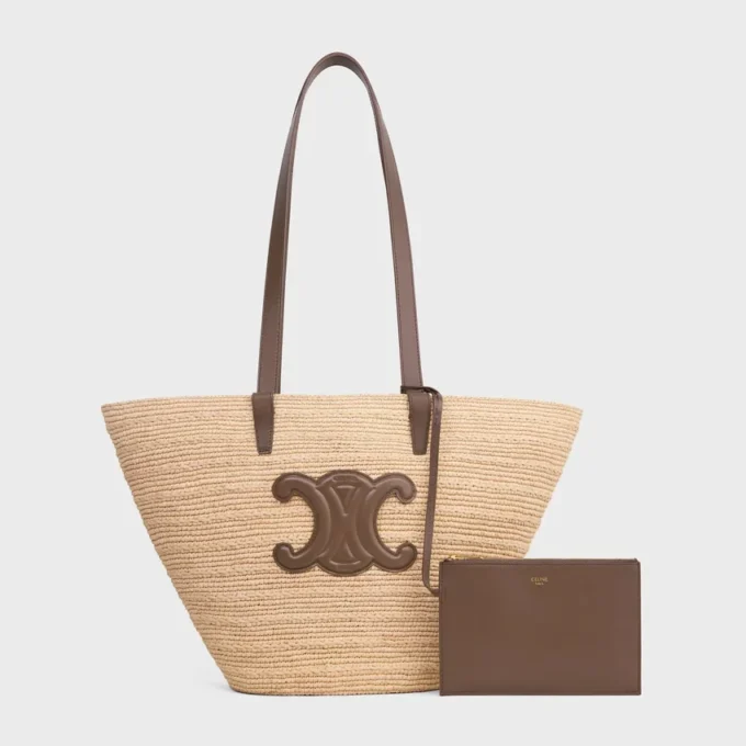 Medium soepele CELINE Classic Panier van raffia en kalfsleer