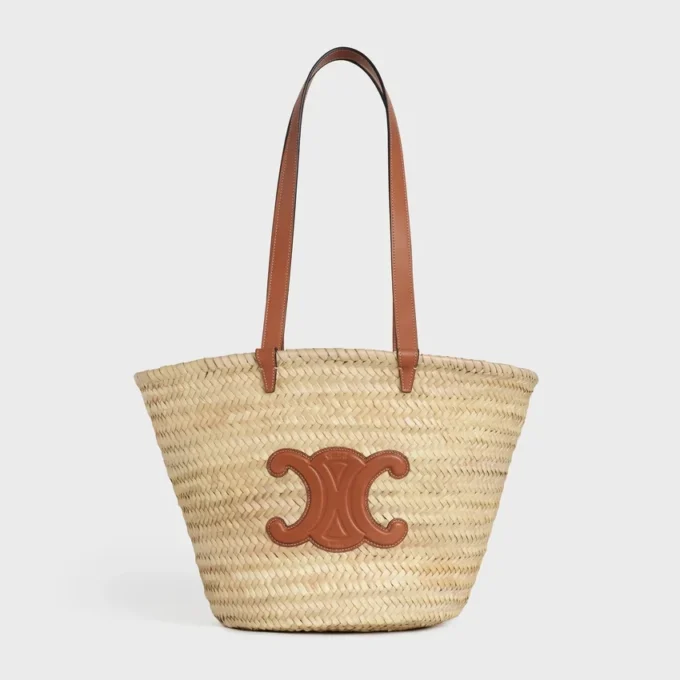 Middelgrote CELINE Classic Panier van palmbladeren en kalfsleer