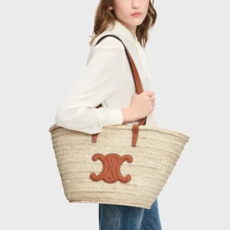 Middelgrote CELINE Classic Panier van palmbladeren en kalfsleer