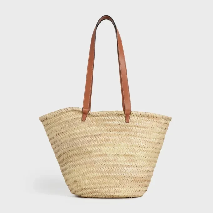 Middelgrote CELINE Classic Panier van palmbladeren en kalfsleer