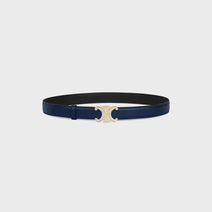 Triomphe-gesp van messing met strass en omkeerbare riem van 25 mm van glad en generfd kalfsleer