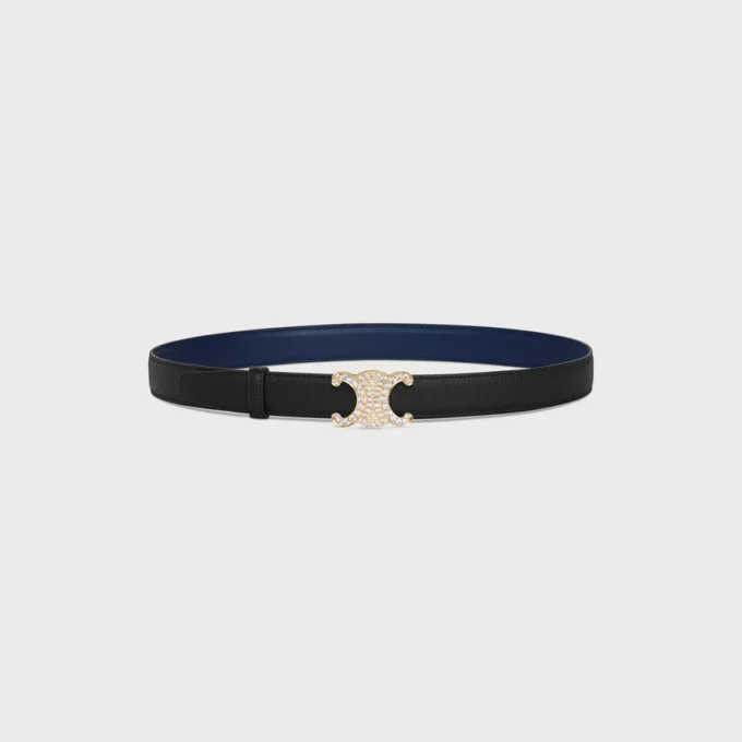 Triomphe-gesp van messing met strass en omkeerbare riem van 25 mm van glad en generfd kalfsleer