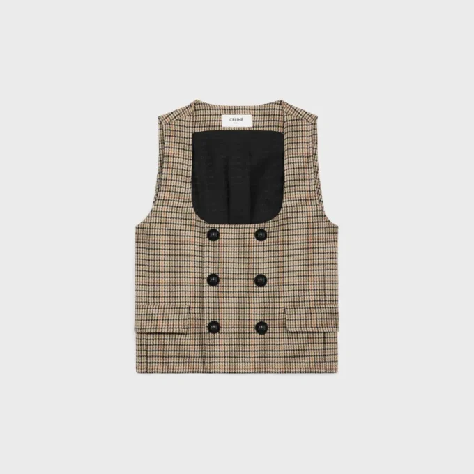 Vest met dubbele rij knopen van wol met pied-de-poule-motief